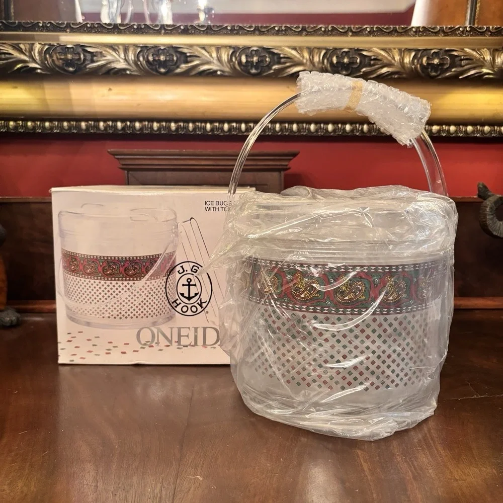Vintage Oneida J.G. Hook Bountiful Paisley Acrylic Ice Bucket Tongs 3.8 Qt NIB